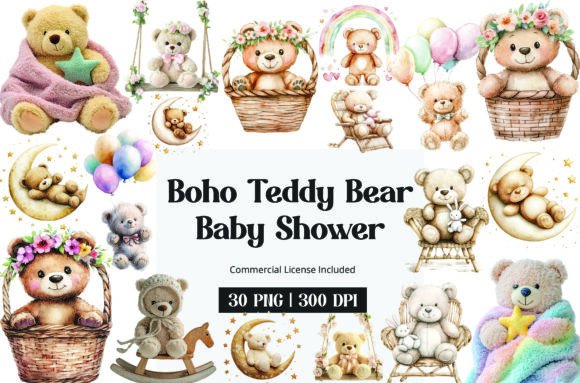 Download Boho Teddy Bear Baby Shower Clipart - Baby shower clipart Collection