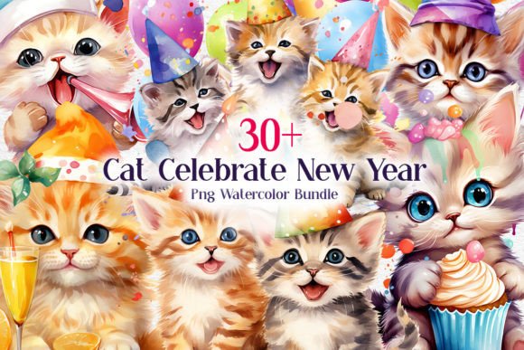 Download Cat Celebration New Year PNG Watercolor - Celebration Collection