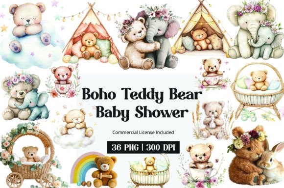 Download Boho Teddy Bear Baby Shower Clipart - Baby shower clipart Collection